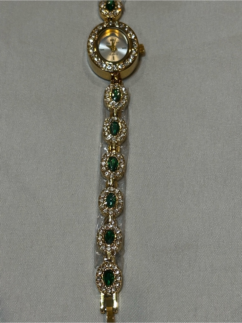 Vintage Inspired Dainty Gold-Tone Ladies Bracelet Watch with Green Stone Accents - Picture 9 of 14